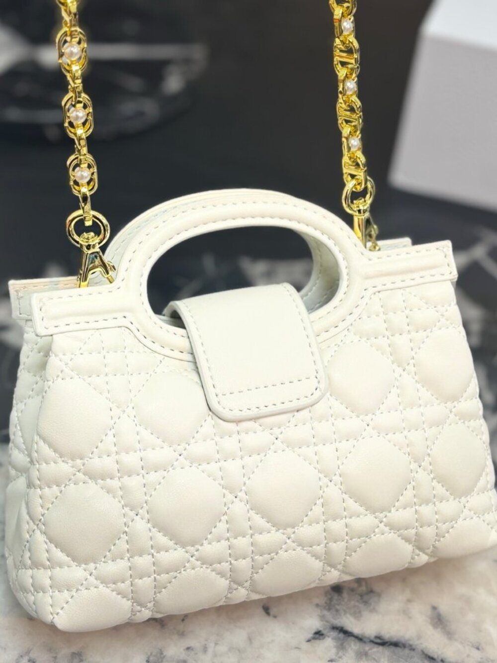 Dior Jolie Mini Top Handle Bag White Cannage Quilted Pearl Chain Crossbody - Picture 3 of 9